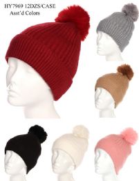 36 Units of Women's Winter Pom Pom Hat Solid Colors Assorted - Winter Beanie Hats
