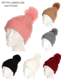 36 Units of Women's Winter Pom Pom Hat Textured Design - Winter Beanie Hats