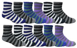 48 Wholesale Yacht & Smith Men's Warm Cozy Fuzzy Socks, Stripe Pattern Size 10-13