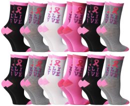 24 Pairs Yacht & Smith Pink Ribbon Live Breast Cancer Awareness Crew Socks For Women - Breast Cancer Awareness Socks