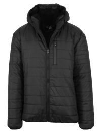 12 Wholesale Mens SherpA-Lined Hooded Puffer Jacket, Assorted Sizes S-Xxl Black