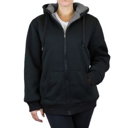12 Wholesale Women's Loose Fit Oversize Full Zip Sherpa Lined Hoodie Fleece - Black Size Small