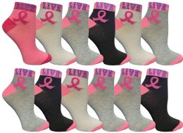 12 Wholesale Pink Ribbon Breast Cancer Awareness Ankle/crew Socks For Women