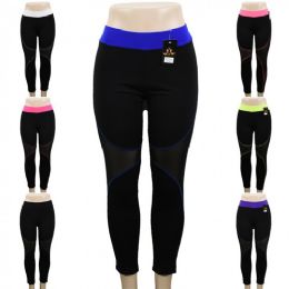 12 Wholesale Black Yoga Pants With Mesh And Colored Accents Assorted