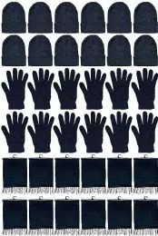 96 Wholesale Yacht & Smith Pre Assembled Unisex 3 Piece Winter Care Sets, Hat Gloves Scarf Set Solid Black
