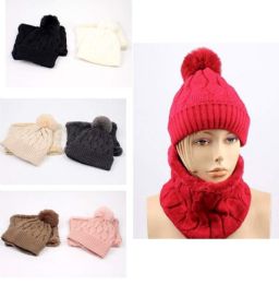 24 Wholesale Lady Winter Pompom Hat With Neck Cover Set