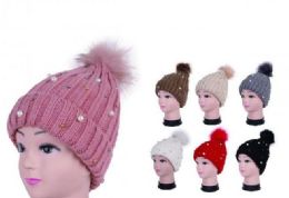 36 Pieces Women Cozy Winter Beanie With Rhinestones And Faux Fur Pom Pom - Winter Beanie Hats