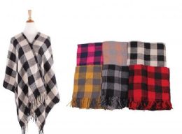 18 Wholesale Women's Plaid Sweater Poncho Cape Coat Open Front Blanket Shawls And Wraps