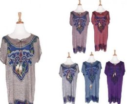 72 Pieces Women Bohemian Neck Tie Vintage Printed Ethnic Style Summer Shift Dress - Womens Sundresses & Fashion