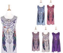 72 Pieces Women Bohemian Neck Tie Vintage Printed Ethnic Style Summer Shift Dress - Womens Sundresses & Fashion