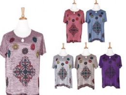 72 Pieces Women Bohemian Neck Tie Vintage Printed Ethnic Style Summer Fashion Shirt - Womens Fashion Tops