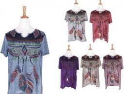 72 Pieces Cute Bohemian Wild Boho With Feathers T Shirt - Womens Fashion Tops