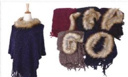 18 Wholesale Women's Cozy Warm Poncho Sweater Faux Trim Dress Topper Poncho