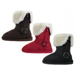 24 Wholesale Youths Micro Suede Foldover Boots With Faux Fur Lining And Side Zipper