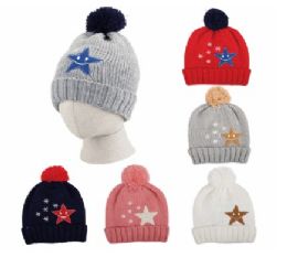 48 Pieces Kid's Pom Pom Hat With Stars Decal Ages 3-8 - Junior / Kids Winter Hats