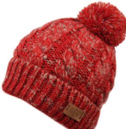 12 Pieces Solid Color Cable Knit Beanie With Pom Piom In Mix Red - Winter Beanie Hats