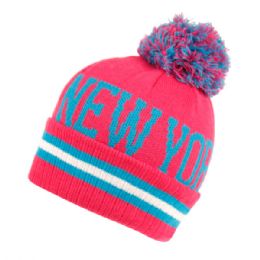 12 Pieces Unisex Beanie With Pom Pom New York In Hot Pink - Winter Beanie Hats