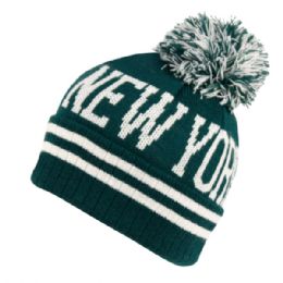 12 Pieces Unisex Beanie With Pom Pom New York In Hunter Green - Winter Beanie Hats