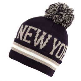 12 Pieces Unisex Beanie With Pom Pom New York In Navy - Winter Beanie Hats