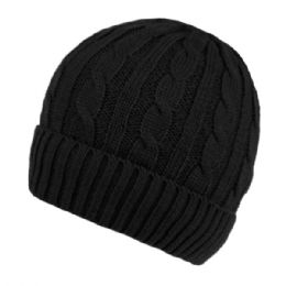 24 Pieces Mens Cable Knit Beanie With Sherpa Fleece Lining Black Only - Winter Beanie Hats