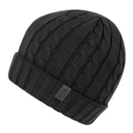 24 Wholesale Chunky Cable Knit Beanie W/fleece Lining Black Only