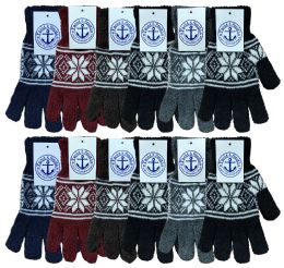 72 Wholesale Yacht & Smith Snowflake Print Mens Winter Gloves With Stretch Cuff