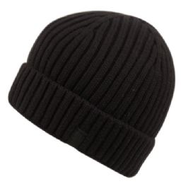12 Pieces Unisex Stripe Pattern Knit Beanie Hat With Fleece Lining In Black - Winter Beanie Hats