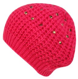 24 Pieces Knit Double Layer Beret With Studs - Fashion Winter Hats