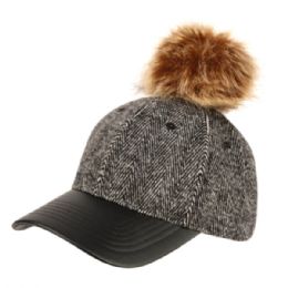 12 Pieces Six Panel Wool Blend Herringbone Cap With Pom Pom And Pu Visor - Fashion Winter Hats