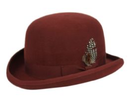 6 Wholesale Round Crown Bowler Felt Hats With Grosgrain Band In Burgandy