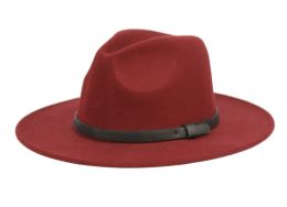 24 Pieces Polyester Felt Fedora With Faux Leather Burgandy - Fedoras, Driver Caps & Visor