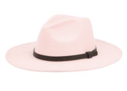 24 Wholesale Polyester Felt Fedora With Faux Leather Light Pink