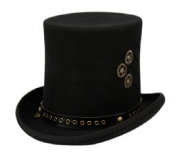 6 Wholesale Steampunk Wool Felt Hat High Crown Top Hat With Perforated Leather Band And Metal Trim