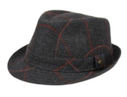 12 Wholesale Plaid Fedora With Self Fabric Band In Navy