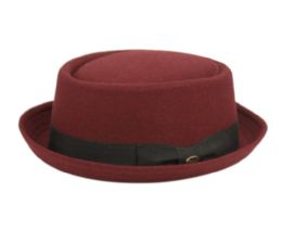 12 Wholesale Round Shape Wool Blend Pork Pie Fedora Hat With Grosgrain Band In Burgandy