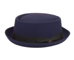 12 Wholesale Round Shape Wool Blend Pork Pie Fedora Hat With Grosgrain Band In Navy