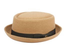 12 Wholesale Round Shape Wool Blend Pork Pie Fedora Hat With Grosgrain Band In Tan
