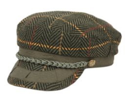 12 Wholesale Herringbone Wool Greek Fisherman Hat With Braid Band In Olive