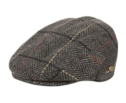 12 Wholesale Herringbone Tweed Wool Ivy Cap With Contrast Cross Stripe In Dark Grey