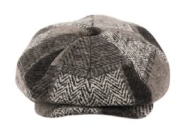 12 Wholesale Wool Blend Patch Work Newsboy Cap With Quilted Satin Lining In Grey