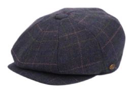 12 Wholesale Glen Paid Wool Blend Newsboy Cap With Quilted Lining In Navy