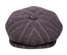 12 Pieces Herringbone Wool Blend Stripe Newsboy Cap With Quilted Lining In Navy - Fedoras, Driver Caps & Visor