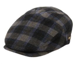 12 Wholesale Brushed Wool Check Ivy Cap With Satin Quilted Lining In Blue