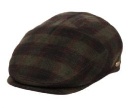 12 Wholesale Brushed Wool Check Ivy Cap With Satin Quilted Lining In Olive