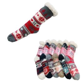48 Bulk Women's PlusH-Lined Non Slip Sherpa Socks [snowflakes]