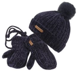 12 Pieces Kids Chenille Knit Pom Pom Beanie Mitten Set Assorted Color - Junior / Kids Winter Hats