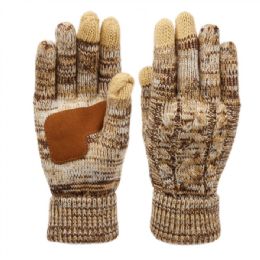 12 Pieces Ladies Cable Knit Winter Glove With Screen Touch And Suede Palm Patch In Multi Khaki - Conductive Texting Gloves