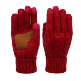 12 Pieces Ladies Cable Knit Winter Glove With Screen Touch And Suede Palm Patch In Burgandy - Conductive Texting Gloves