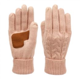 12 Wholesale Ladies Cable Knit Winter Glove With Screen Touch And Suede Palm Patch In Indi Pink