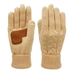 12 Pieces Ladies Cable Knit Winter Glove With Screen Touch And Suede Palm Patch In Khaki - Conductive Texting Gloves